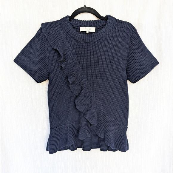 SEA Navy Ruffle Ribbed Wrap Wool Short Sleeve Sweater Top, size S - Picture 1 of 7